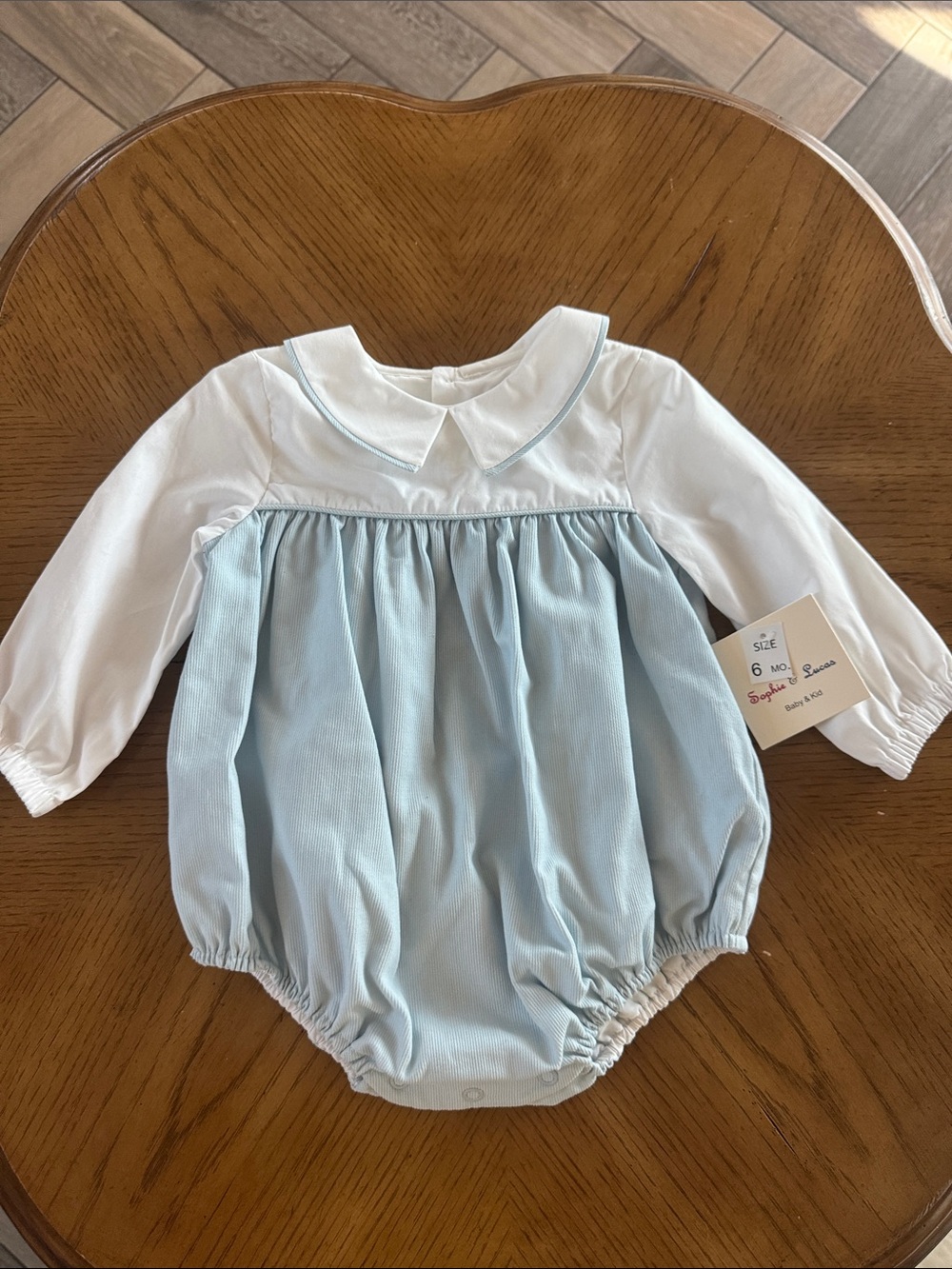 Classic Baby Bubble Romper in Light Blue and White